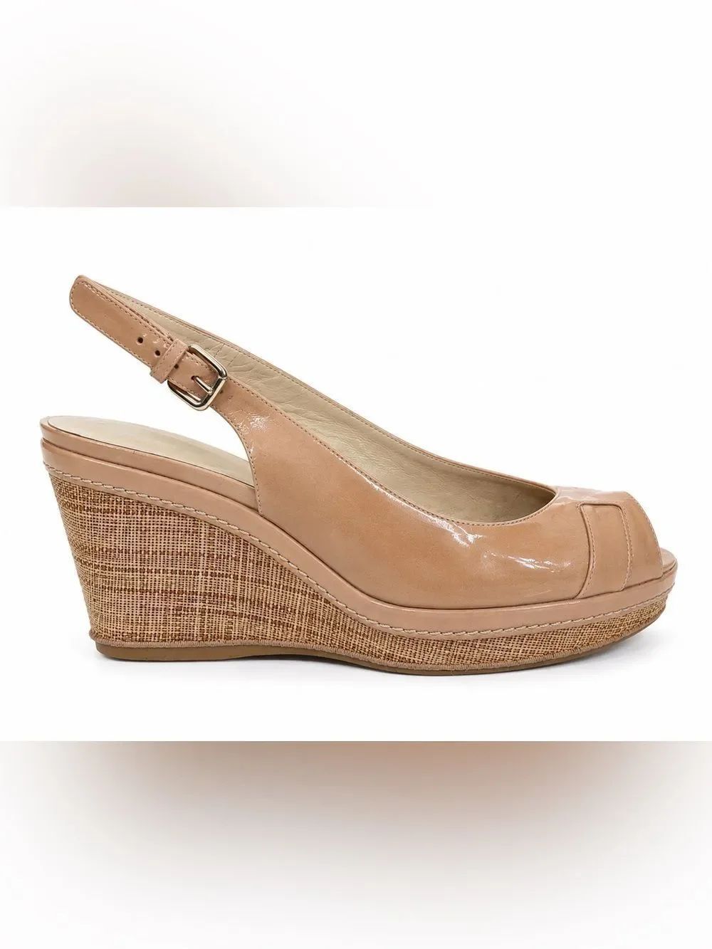 Stuart Weitzman Tan Patent Leather Slingback Wedge Heels Peep Toe Size 8M